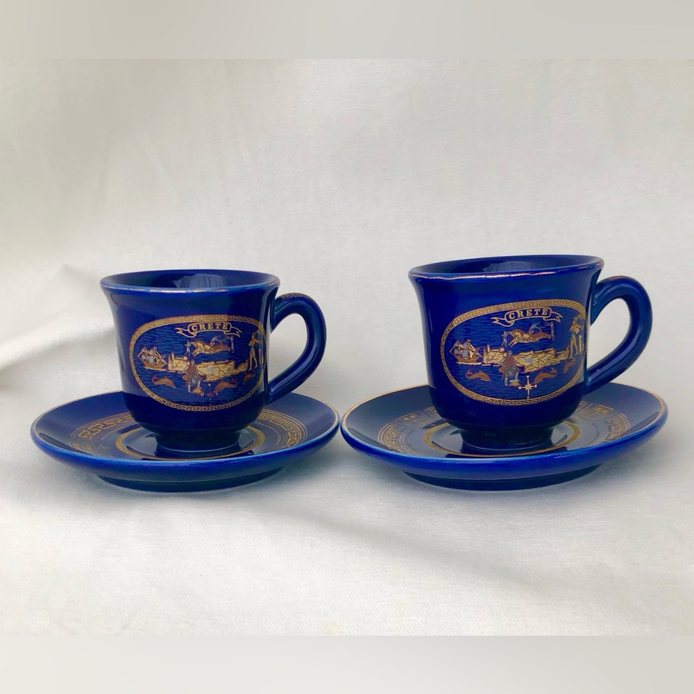 Greek Demitasse Espresso Set for Two Blue and Gold Ceramic